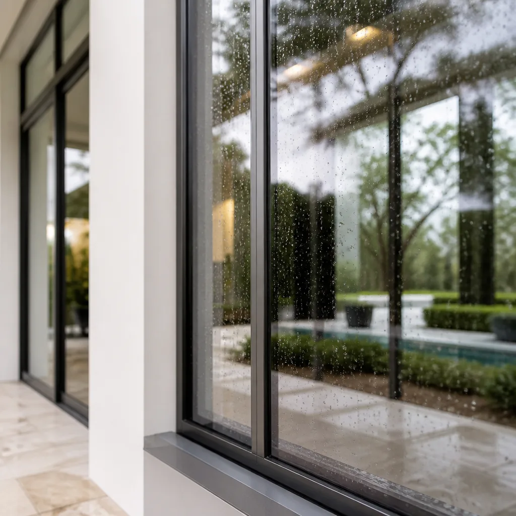 Modern window installation with sleek black framing and rain-speckled glass